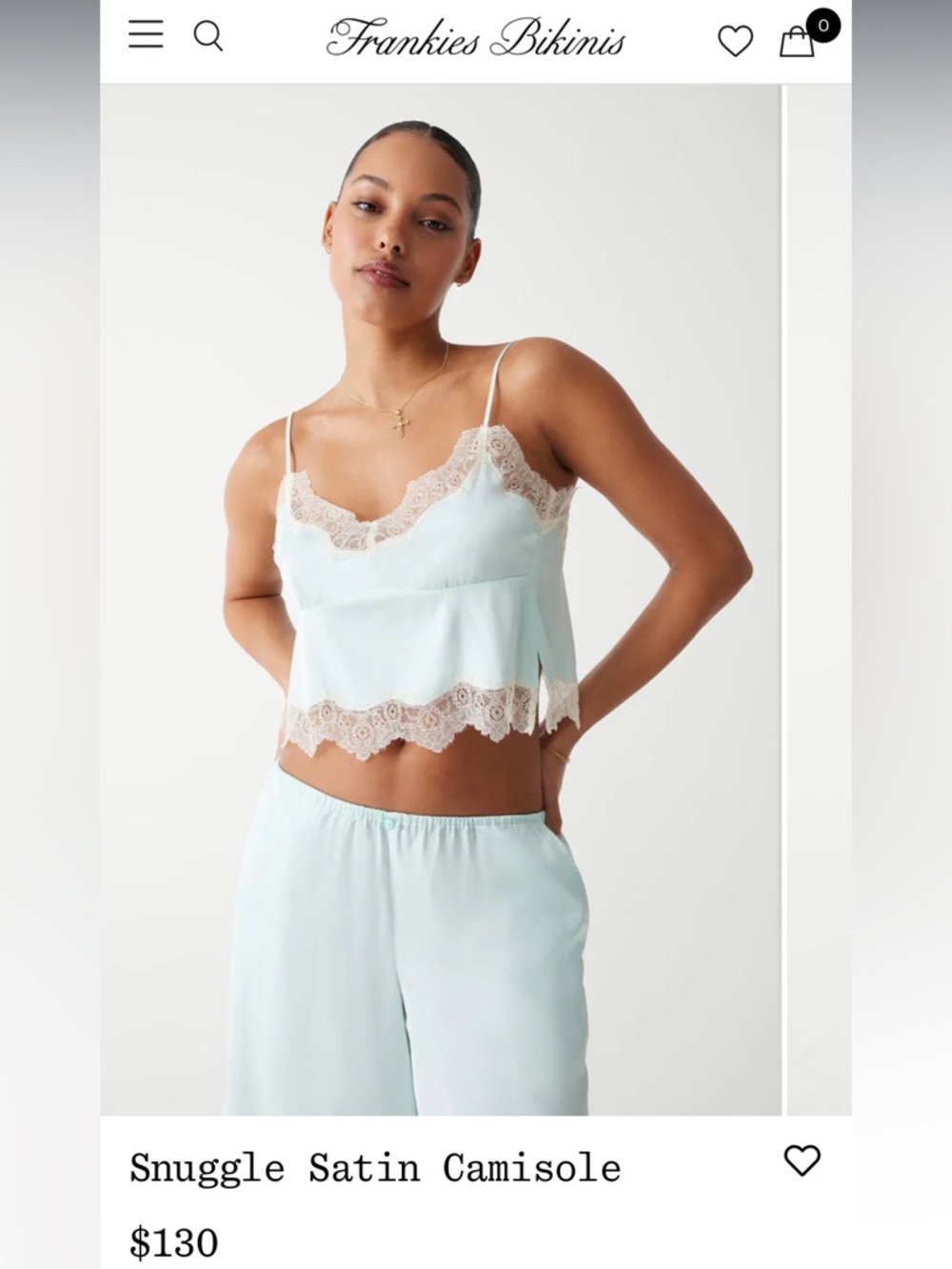 Frankie's Bikinis Satin Camisole in Mint with Cream Lace